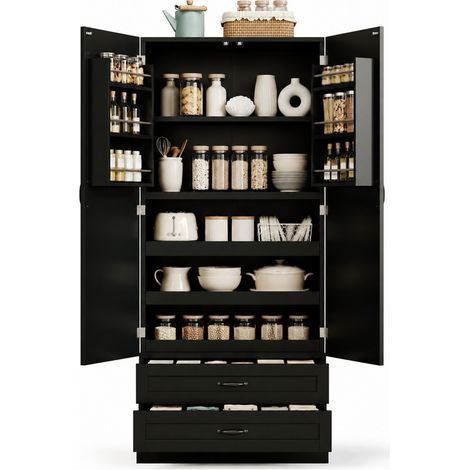 Dispensa cucina alta 80x37,5x180 cm MDF nera con 3 ripiani estraibili e 2 cassetti - CHICFURN (1/5)