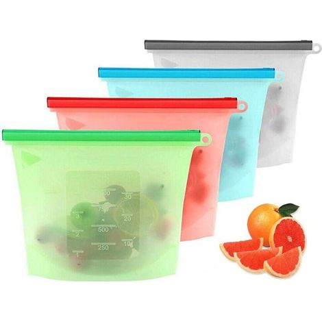 Sachets en silicone Réutilisables, Pack de 4, Pièces de BPA, Réutilisables et sacs de Congélation Sandwichbeutel fermeture avec fermeture Éclair pour le Déjeuner,de Légumes,de Viande,Sac Polyvalent Co (1/5)