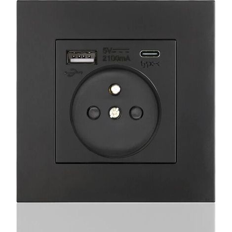 Französisches Typ-C+USB16A Typ 86-Steckdosenfeld, Anzahl der Steckdosen: 2 Löcher, Anzahl der USB-Anschlüsse: 1, Anzahl der Typ-C-Anschlüsse: 1, sicher und fest (schwarzes Quadrat) (1/4)