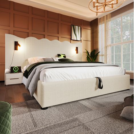 Letto contenitore beige 252x215x111 cm, luce USB-C, senza materasso – MEUBLIV (1/5)