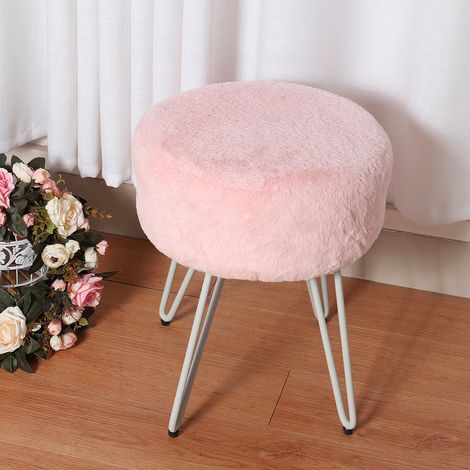 35CM Round Fluffy Velvet Dressing Table Stool Wire Legs, Pink