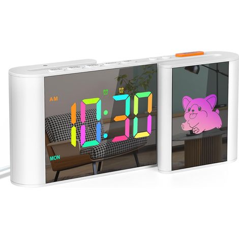 Despertador digital con diseño de perrito, despertador de noche con alarma dual, 11 dígitos de color, 10 colores de dibujos animados, semana, regulable, volumen, blanco para dormitorio (1/5)