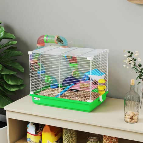 Cage à hamster rongeur 2 niveaux avec tunnel. biberon eau. roue. maisonnette. échelles 46 x 30 x 37 cm vert