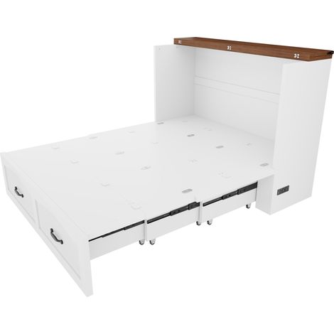 Lit escamotable 140 x 200 cm avec rangement, cadre en métal blanc et prise électrique intégrée, système silencieux à roulettes (1/5)