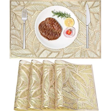 MINKUROW Set Di 4 Tovagliette In Pvc, Tovagliette Facili Da Pulire, Tovagliette Antiscivolo, Tovagliette Dorate, Tovagliette Dorate Per Il Tavolo Da Pranzo Della Cucina Della Festa Di Natale (1/5)
