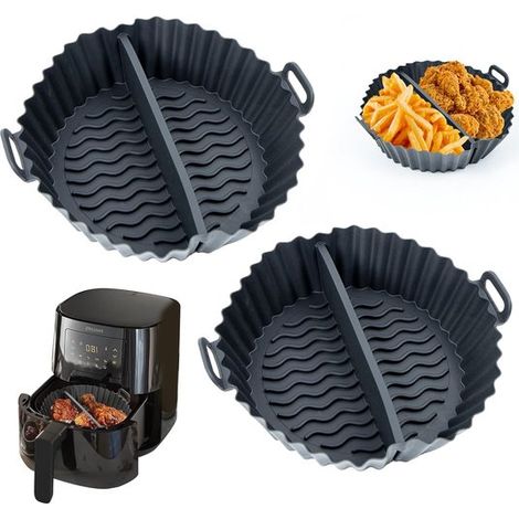 Moldes de silicona para hornear, accesorios reutilizables para freidora de aire, 2 piezas, bandeja de silicona negra para freidora de aire (1/5)
