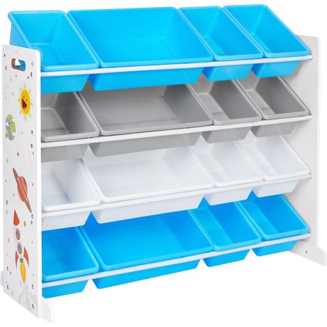 Étagère pour jouets meuble de rangement pour enfant organisateur avec 16 coffres amovibles en plastique boîtes à jouets blanc bleu (1/2)