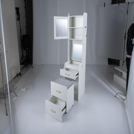 Gain de place : Coiffeuse avec Miroir Rabattable, Station de Charge et Tabouret Roulant avec Rangement, pour Chambre (1/2)