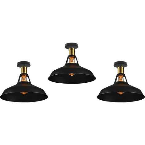 Lampe de Plafond 27cm Plafonnier Industrielle Vintage Fer Abat-jour Luminaire Couloir Balcon Escalier Noir 3 Pack