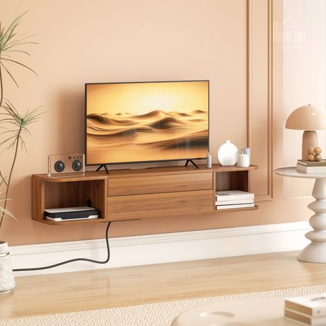 Support TV mural Irovami - Console TV avec prises USB/Type-C, tiroir et étagères, jusqu'à 50", noyer (1/5)