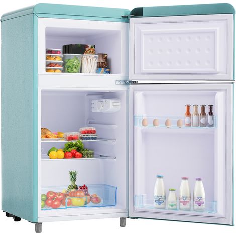 Réfrigérateur style rétro, modèle à deux portes (haut et bas), capacité totale de 72 litres, compartiment congélateur de 21 litres, consommation énergétique de 120 kWh/an, éclairage LED. (1/5)