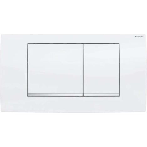 Geberit – Plaque de déclenchement WC – Commande frontale – Chasse d’eau à 2 volumes – Dimensions 340 x 185 x 32 mm – Finition blanche avec décoration chrome