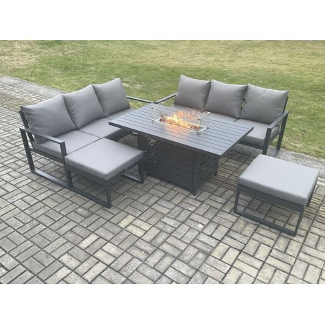 Fimous Aluminium 8 Seater Outdoor Garden Furniture Lounge Sofa Set Gas Fire Pit Dining Table with 2 Big Footstools Dark Grey (1/5)