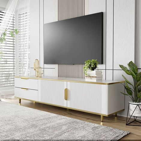 Mobile TV, mobile basso con 2 cassetti e 2 porte, maniglie e piedi dorati, struttura in marmo, mobile da soggiorno, 175 x 40 x 45 cm