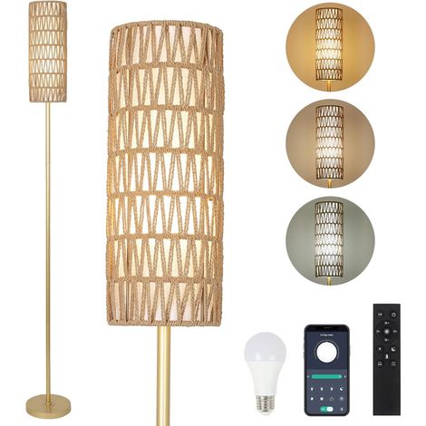 Doré Lampadaire Réglable et Télécommandé, Contrôle par App, en Rotin avec Abat-jour en Rotin (1/5)