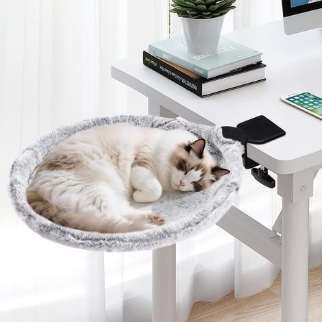 1 - Lit de bureau pour chat - Perchoir réglable - Pivotant 360 degrés et fixation sans perçage - Pour animaux domestiques - Gris - 40x40x10,5cm (1/5)