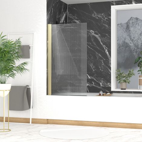 pare baignoire rabattable 80x140cm - profilé or doré brossé - verre trempé ondulé 5mm - wavy