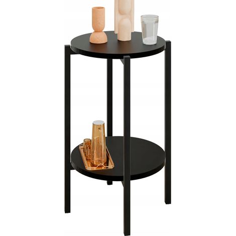 Mesita auxiliar redonda tipo loft con estante, 35x35x62 cm, metal negro. (1/5)