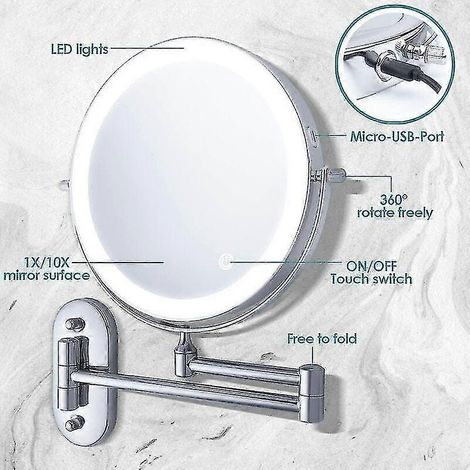 Miroir de maquillage mural, miroir grossissant éclairé mural, miroir mural double face grossissement 1x/10x, miroir cosmétique extensible et rotatif à 360°