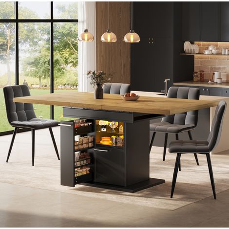 Table à manger extensible 110-140 x 80 x 77,2 cm avec LED, rangements et étagères en verre, MDF noir (1/5)