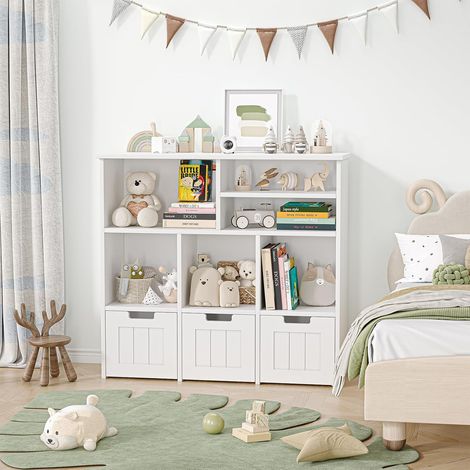 Meuble de Rangement Enfant 3-en-1 avec 6 Casiers et 3 Tiroirs à Roulettes, Bibliothèque Jouets Blanche (1/5)