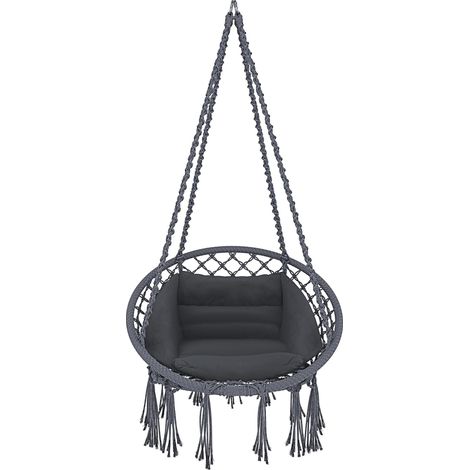 Poltrona Sospesa Pensile Da Giardino Con Corda In Cotone Effetto Macramè E Struttura In Acciaio Cuscino Sedia Dondolo Amaca Con Seduta Imbottita Esterno Terrazzo Design Moderno Fino A 160 Kg Beige - C