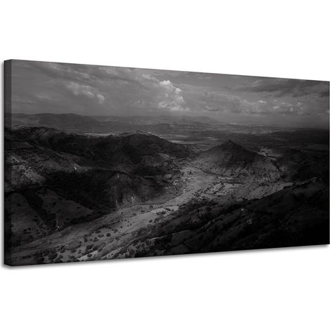 Lienzo impreso en blanco y negro con montañas vistas desde un vuelo, 120x60 cm.