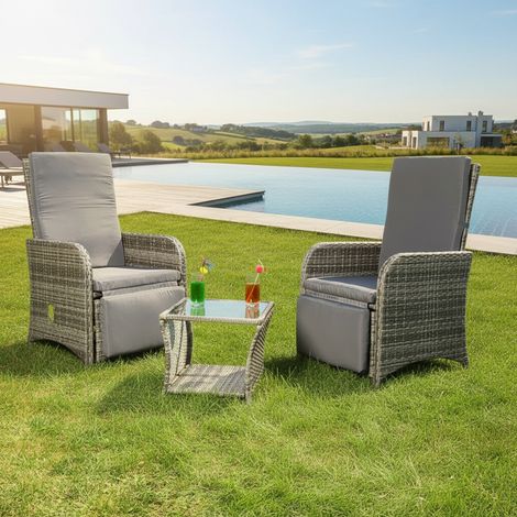 Mucola – Ensemble salon de jardin 2 fauteuils + table en poly-rotin gris – Coussins hydrofuges – Plateau en verre trempé – Confort optimal