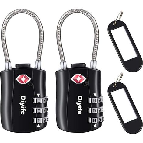 Lot de 2 cadenas à bagages (noirs), cadenas de sécurité à 3 positions, cadenas à combinaison, cadenas à combinaison pour valise (1/5)