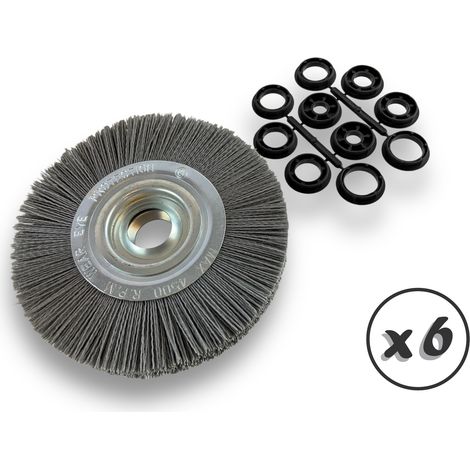 Lot de 6 brosses circulaires NYLON Abrasif Ø 200 mm Epaisseur 2 rangs Carbure de silicium Grain 120 Alésage 32 mm + réducteur bague 25/22/20/16/12 mm Touret ponceuse Kibros 238202KR120x6 (1/5)