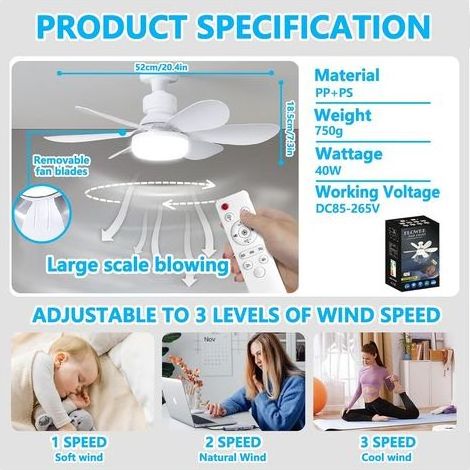 Ventilateur Plafond Silencieux 40W E27 LED Dimmable 6 Pales 3 Vitesses Télécommande Salon Chambre