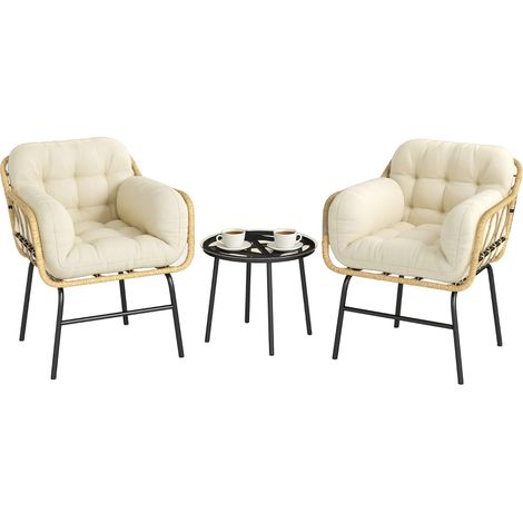 Salon de Jardin Extérieur 3 Pièces Résine Tressée avec Table Verre Trempé et 2 Fauteuils Crème 62x73x79cm (1/5)