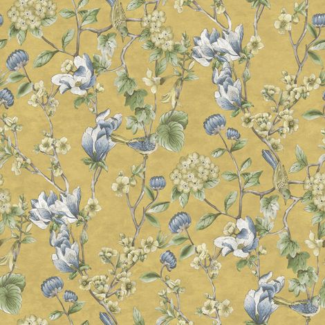 Floral Bird Trail Wallpaper Yellow Green Flower Trees Leaves Natural Botanical (1/4)