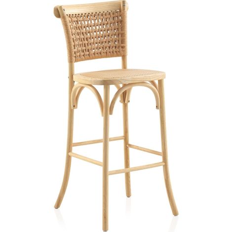 x2 Tabouret haut en bois d'orme naturel assise et dossier tressés - bois naturel clair tressage beige (1/5)