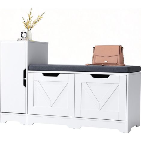 Shoe Bench with Side High Cabinet & Door, Shoe Storage Bench with Padded Cushion, for Living Room & Hallway (1/5)