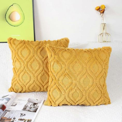 Ensemble de deux housses de coussin décoratives carrées de luxe en fausse fourrure brodée, style bohème, 45 x 45 cm (1/5)