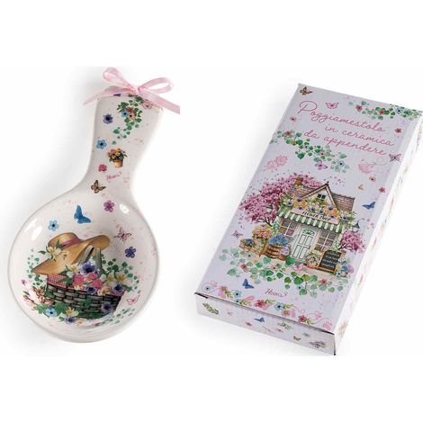 Repose-cuillères en céramique à décors printaniers et nœud, en coffret cadeau, lot de 8, 11,5 x H. 24,5 cm