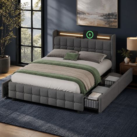 Lit coffre rembourré 160x200cm avec ports USB, tête de lit lumineuse LED, 4 tiroirs de rangement, sommier en lattes bois, gris (sans matelas). (1/5)