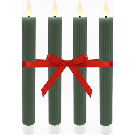Relaxdays LED Stabkerzen, 4er Set, HxD: 25 x 2 cm, flackernde Flamme, Echtwachs, Rillen, flammenlose Kerzen, khaki