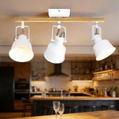 Plafonnier Industriel Spots et Rails de Spots, 3 Spots LED Orientable avec Douille E14, Luminaires Intérieur avec Base Rectangulaire en Bois, pour Cuisine Chambre Salon, Blanc (sans Ampoule) (1/5)