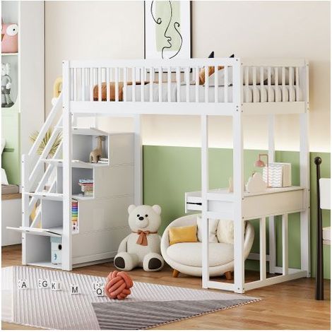 Lit Mezzanine Enfant - SOGEU - 90x200 avec table et escalier - Pin massif - Rangements intégrés - Blanc (1/5)
