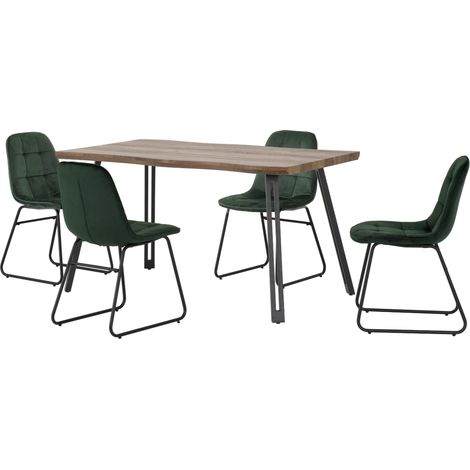 Quebec Wave Edge Dining Set with Lukas Chairs - Medium Oak Effect/Black/Emerald Green Velvet (1/5)