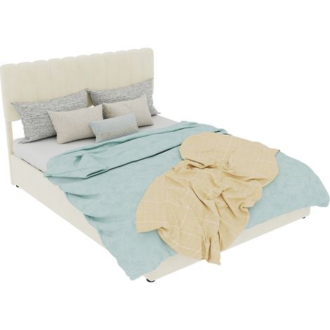 Lit rembourré moderne minimaliste 140x200 cm beige avec tête de lit douce, sommier de rangement haut et matelas inclus – chambre à coucher (1/4)