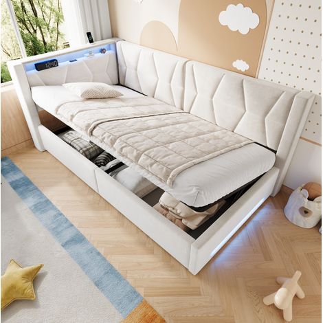 Etagenbett 90/200 cm de terciopelo beige con almacenaje, LED y USB/Type-C (1/5)