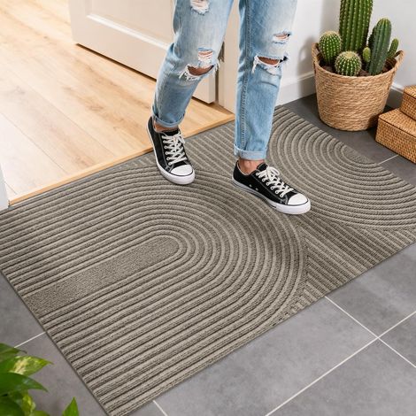Paillasson Intérieur Extérieur 60x90cm Motif Vagues, Tapis Entrée Attrape-Poussière, Antidérapant, Absorbant, Tapis de Sol Lavable, Profil Bas pour Cuisine, Chambre, Couloir - Beige (1/5)