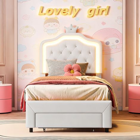 Lit Enfant 90x200 cm avec tiroirs - Cadre de lit avec tête de lit en forme de couronne réglable - LED - Lit simple filles avec Sommier en bois - en cuir PU - Blanc (1/5)
