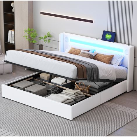 Polsterbett 160x200 mit Stauraum LED USB Bluetooth Weiß OKMYHOME (1/5)