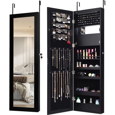 COSTWAY Armoire à Bijoux Murale avec Miroir 12 LED, Meuble de Rangement Verrouillable Pleine Longueur, Organisateur de Bijoux avec Étagères de Rangement, Style Scandinave, Noir (1/5)