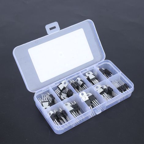 Ensemble de 50 transistors régulateurs de tension de 10 valeurs différentes, dans une boîte transparente à 10 compartiments. (1/5)