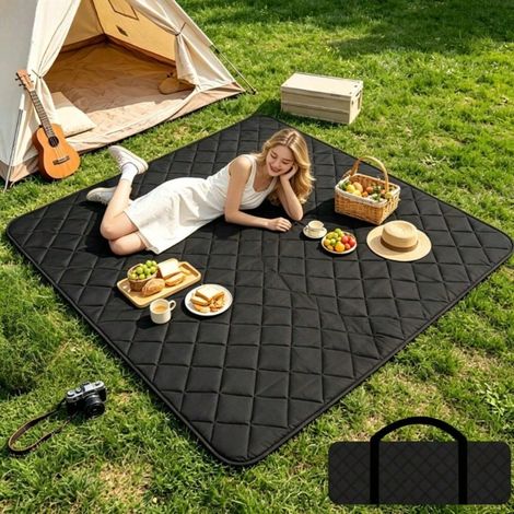 Noir200150cm-Tapis de pique-nique matelassé diamant épais résistant à l'humidité, tapis extérieur pliable léger, tapis de camping étanche et anti-sable pour fête jardin, pique-nique, plage et activité (1/4)